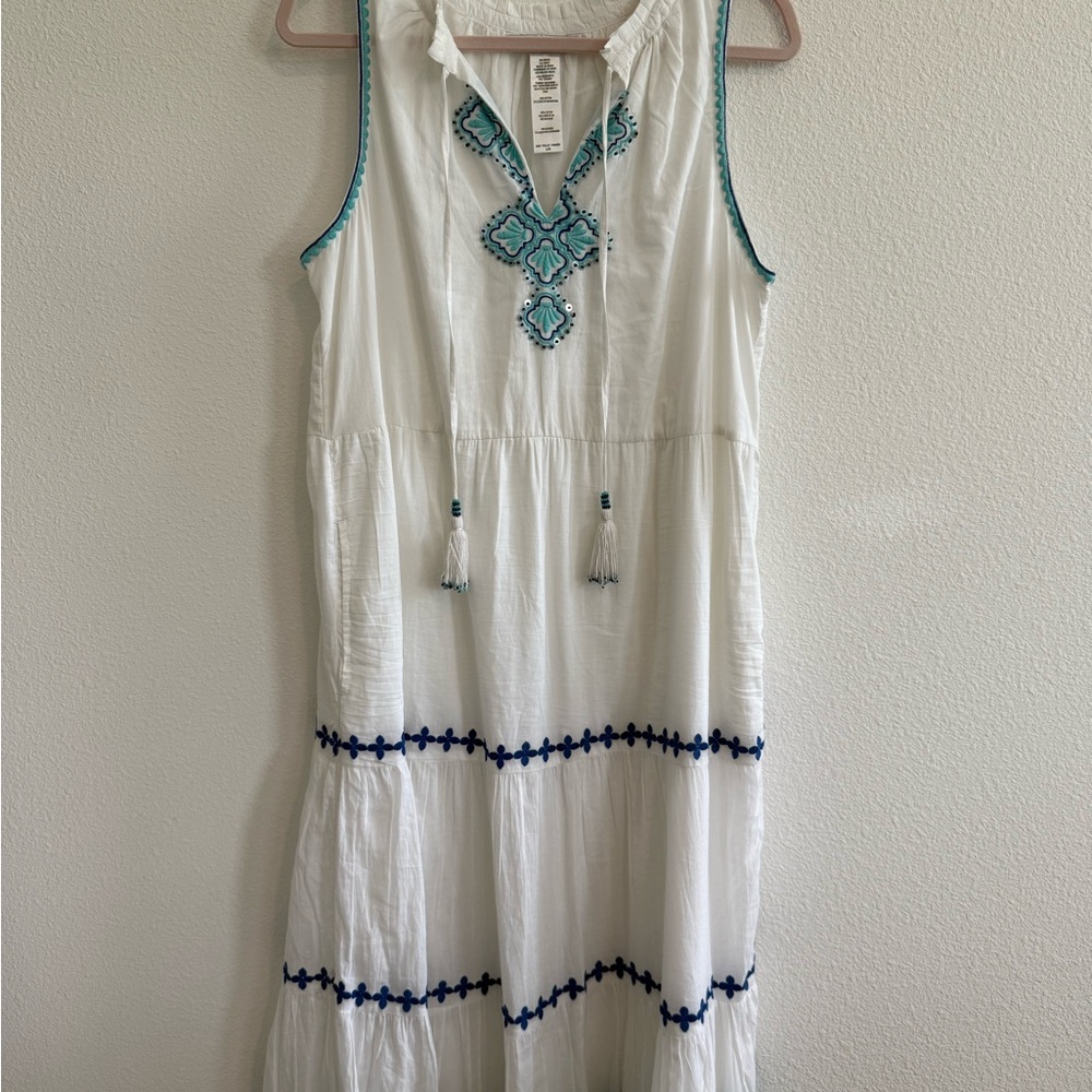 White Tommy Bahama Maxi Sleeveless Dress with Blue Embroidery & Beading